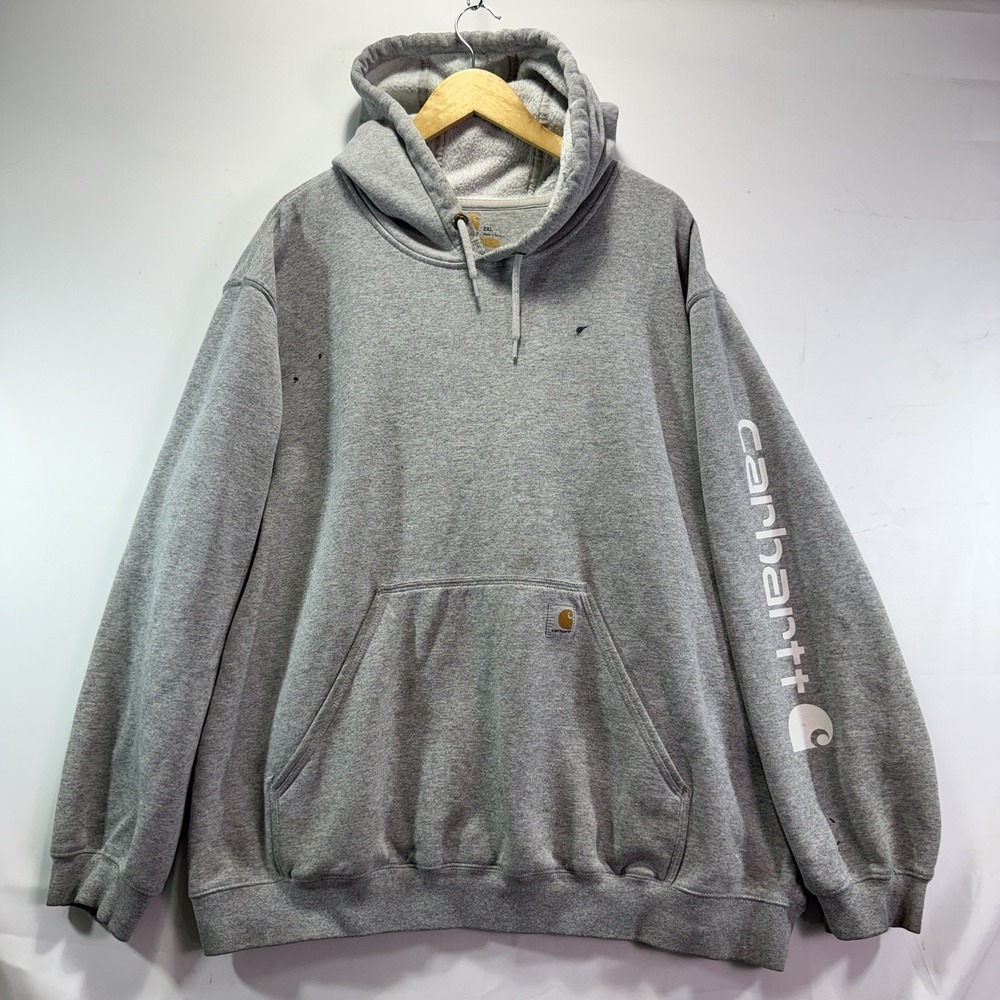 Carhartt Hoodie Sweatshirt 2XL Gray Original Fit Workwear Outdoor Arm Spellout